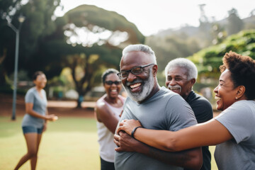 Multiracial senior people having fun, hugging each other after sport workout at city park. Healthy lifestyle and joyful elderly lifestyle concept