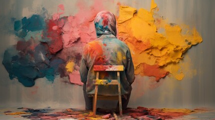 Poor artist sits and imagines the art he is about to create. - obrazy, fototapety, plakaty