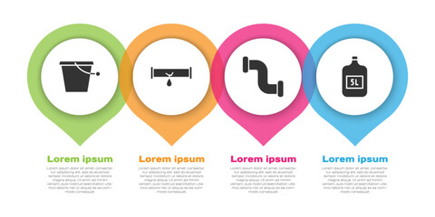 Set Bucket, Broken pipe with leaking water, Industry metallic pipe and Big bottle with clean water. Business infographic template. Vector