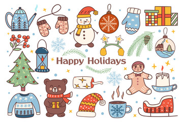Set of festive New Year and Christmas elements. Ginger cookies, Christmas tree toy and sleigh, teapot, knitted mittens and lantern with candle. Colorful vector illustration hand drawn doodle