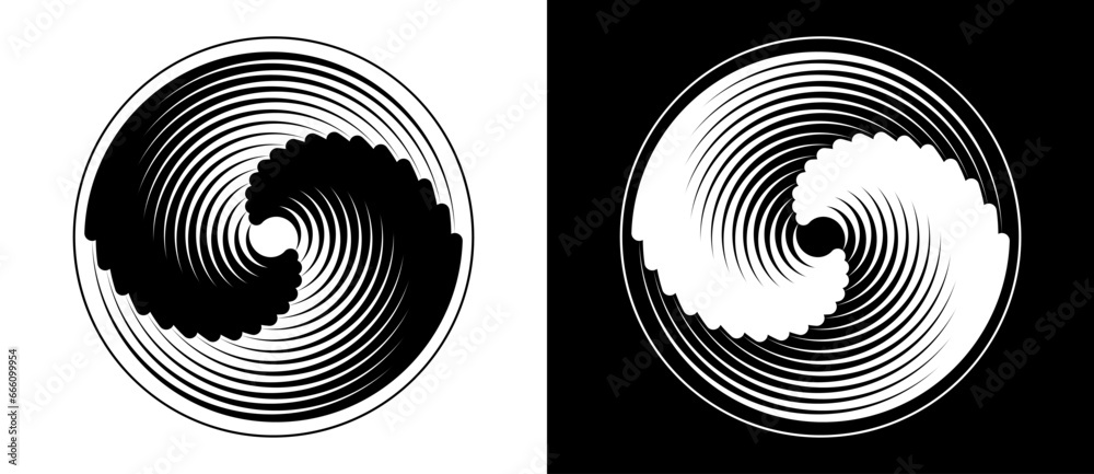 Wall mural Abstract background with lines in circle. Art design spiral as logo or icon. A black figure on a white background and an equally white figure on the black side.