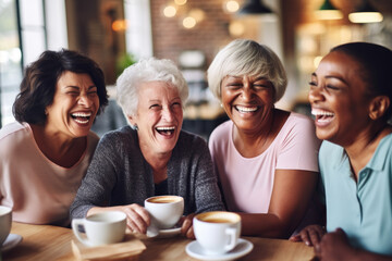 Happy smiling middle aged female friends sitting in a café laughing and giving support each other. They are celebrate a long friendship - obrazy, fototapety, plakaty