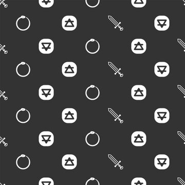 Set Medieval sword, Earth element, Ouroboros and Air on seamless pattern. Vector