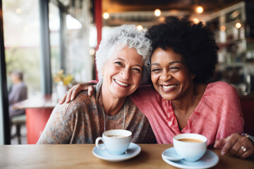  Happy smiling middle aged female friends sitting in a café laughing and giving support each other. They are celebrate a long friendship