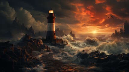 A lit lighthouse and cliffs under stormy weather with dramatic sky and waves. Made with Generative AI.
