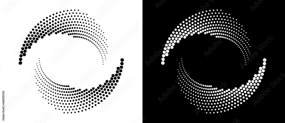 Aufkleber Modern abstract background. Halftone dots in circle form. Round logo. Vector dotted frame. Design element or icon. Black shape on a white background and the same white shape on the black side.