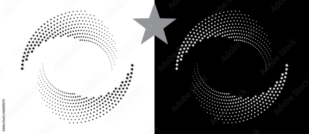 Poster Spiral dotted background with stars. Yin and yang style. Design element or icon. Black shape on a white background and the same white shape on the black side.