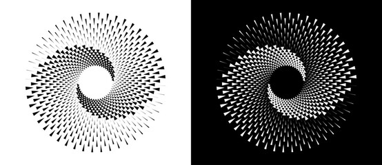 Spiral dotted background with triangles. Yin and yang style. Design element or icon. Black shape on a white background and the same white shape on the black side. - obrazy, fototapety, plakaty