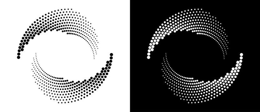 Modern Abstract Background. Halftone Dots In Circle Form. Round Logo. Vector Dotted Frame. Design Element Or Icon. Black Shape On A White Background And The Same White Shape On The Black Side.