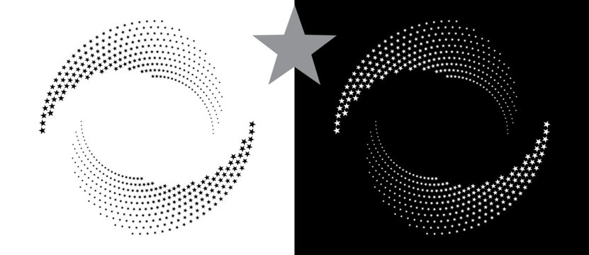 Spiral dotted background with stars. Yin and yang style. Design element or icon. Black shape on a white background and the same white shape on the black side.