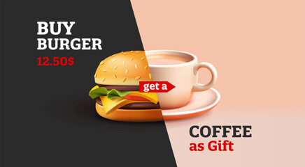 3d realistic render fast food banner with burger and coffee mug combined into one picture, special menu offer