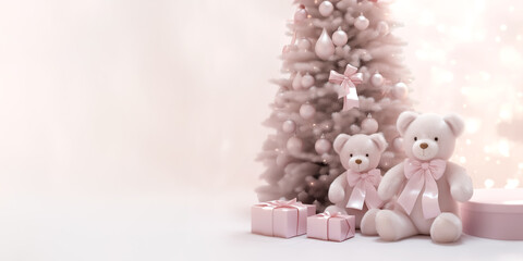Teddy bear in front of christmas tree with gifts and lights