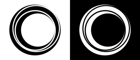 Rotating art lines in circle shape as symbol, logo or icon. Black shape on a white background and the same white shape on the black side. - obrazy, fototapety, plakaty