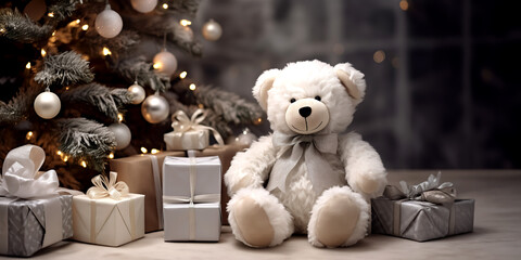 Teddy bear in front of christmas tree on happiness scenes background