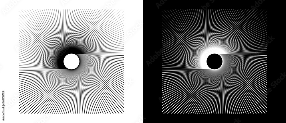 Poster Lines in circle abstract background. Dynamic transition illusion. Black shape on a white background and the same white shape on the black side.