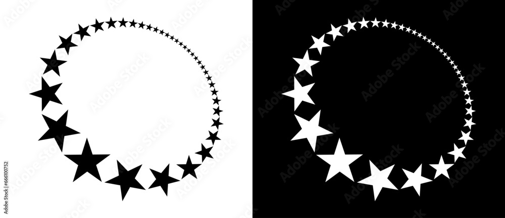 Poster Abstract background with stars in circle. Art design circle as logo or icon. Black shape on a white background and the same white shape on the black side.