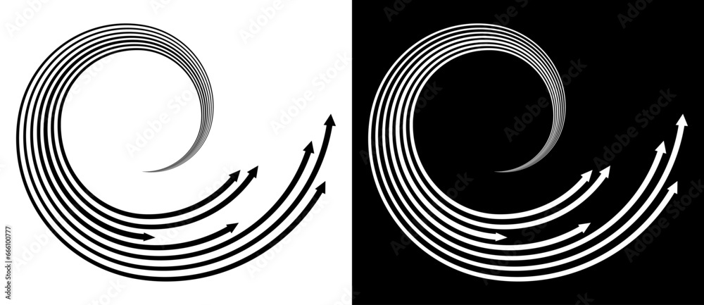 Poster Dynamic lines with arrows. Design element or icon. Black shape on a white background and the same white shape on the black side.
