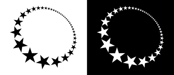 Abstract background with stars in circle. Art design circle as logo or icon. Black shape on a white background and the same white shape on the black side.