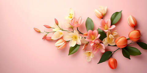 Tulips flowers with copy space on a pastel background
