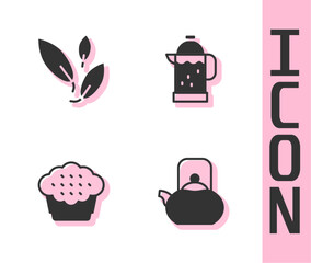 Set Kettle with handle, Tea leaf, Muffin and French press icon. Vector