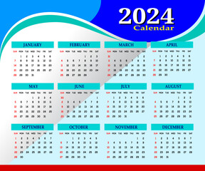 Modern wall calendar design 2024. Print Ready One Page wall calendar template design for 2024. Week starts on Sunday