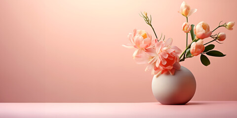 Close up of tulips flowers in a vase on soft pink tone background