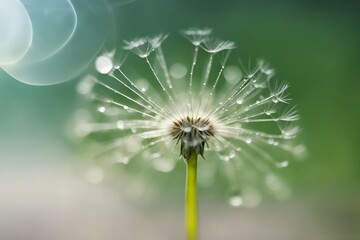 Close-Up of a Dandelion Flower Adorned with a Glistening Water Drop, Set Against a Soft and Dreamy Blurred Green Background in Macro