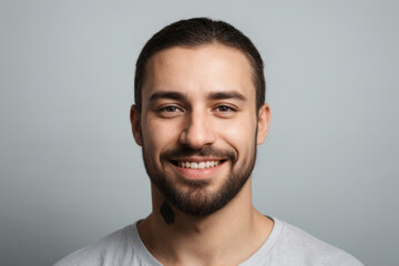Naklejka premium Everyday people. A smiling man with a short beard. Wearing a t-shirt. On a light background. Friendly man. Down-to-earth and approachable. Portrait.