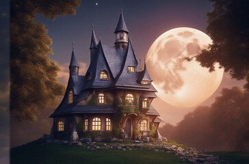 Fantasy-enchanted fairy tale house or castle in a magical forest with a huge moon in the evening