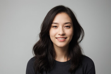 Fototapeta premium Everyday people. A smiling Korean woman with long brown wavy hair over her shoulder. Wearing a dark tshirt. Pretty woman. University student. On a light grey studio background. Portrait.