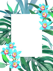 Fototapeta na wymiar Frame tropical leaves, flower and branches isolated on white background. Illustration for design wedding invitations, greeting cards, postcards. Spring or summer flowers with space for your text