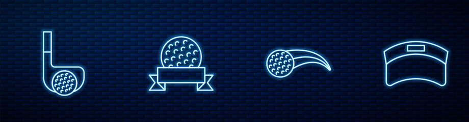 Set line Golf ball, club with, and Sun visor cap. Glowing neon icon on brick wall. Vector - obrazy, fototapety, plakaty