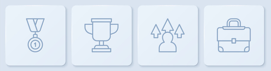 Set line Medal, Front end development, Award cup and Briefcase. White square button. Vector