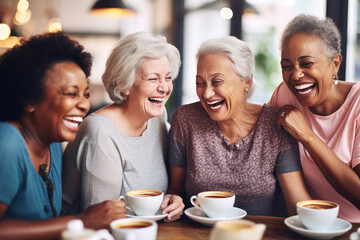 Obraz premium Happy smiling middle aged female friends sitting in a café laughing and giving support each other. They are celebrate a long friendship