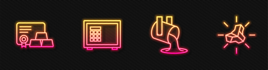 Set line Molten gold being poured, Gold bars with certificate, Safe and nugget. Glowing neon icon. Vector