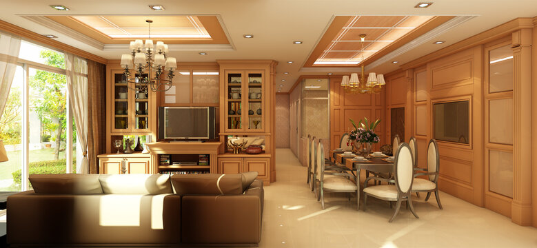 3d render illustration Light brown living area. The decorations and colors give a warm, family feel