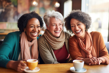 Happy smiling middle aged female friends sitting in a café laughing and giving support each other. They are celebrate a long friendship