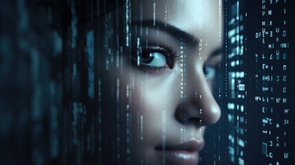 Digital AI ethic transparency data privacy technology background with young woman's face looking through matrix code overlay  - obrazy, fototapety, plakaty
