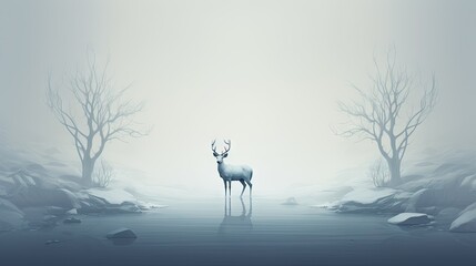  a deer standing in the middle of a frozen lake in a foggy forest.  generative ai