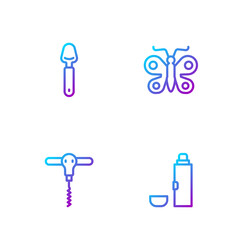 Set line Thermos container, Wine corkscrew, Spoon and Butterfly. Gradient color icons. Vector