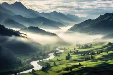 A stunning mountain landscape with a winding river amidst foggy valleys at sunrise. - obrazy, fototapety, plakaty