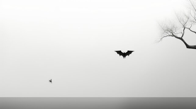  a black and white photo of a tree and a flying bat.  generative ai