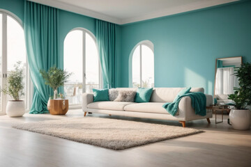 Elegant contemporary living room interior decorated in cozy turquoise tones. home interior design of modern living room.