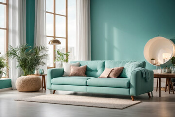 Elegant contemporary living room interior decorated in cozy turquoise tones. home interior design of modern living room.