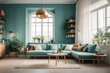 Elegant contemporary living room interior decorated in cozy turquoise tones. home interior design of modern living room.