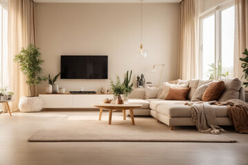 Elegant contemporary living room interior decorated in cozy beige tones. home interior design of modern living room.