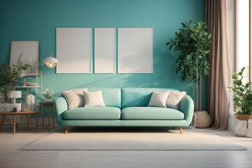 Elegant contemporary living room interior decorated in cozy turquoise tones. home interior design of modern living room.