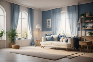 Naklejka na ściany i meble Elegant contemporary living room interior decorated in cozy beige and blue tones. home interior design of modern living room.