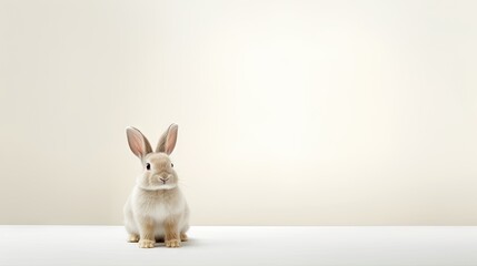  a white rabbit sitting on top of a white table next to a white wall.  generative ai