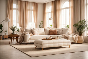Elegant contemporary living room interior decorated in cozy beige tones. home interior design of modern living room.